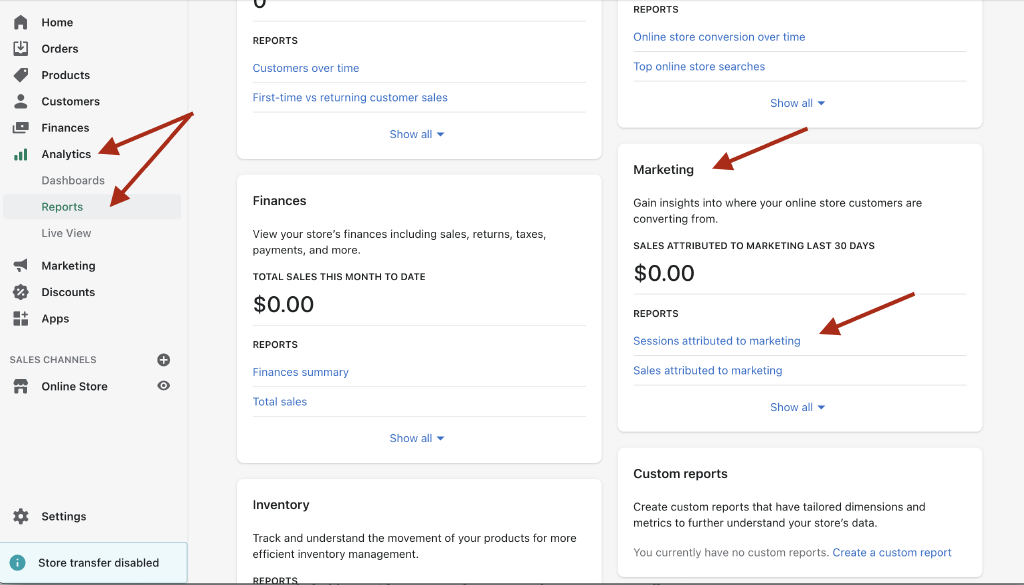 Screenshot showing how to find marketing card in Shopify